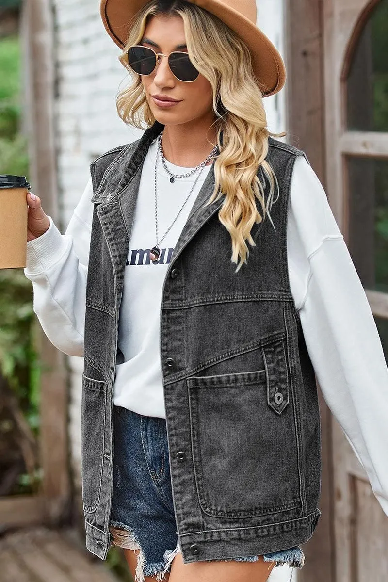 VINTAGE BUCKELE POCKET COLLAR DENIM VEST Warm Fabric