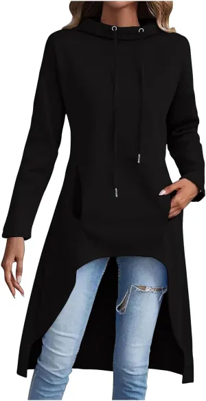 Vintage Long Hooded Sweatshirt for Women Solid Color High Low Hem Gothic Hoodies Long Sleeve Oversized Pocket Tops