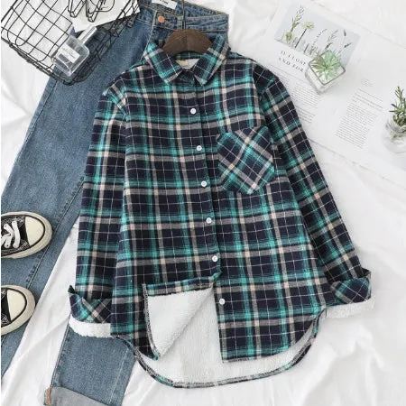 Vintage Plaid Velvet Fleece Loose Shirt