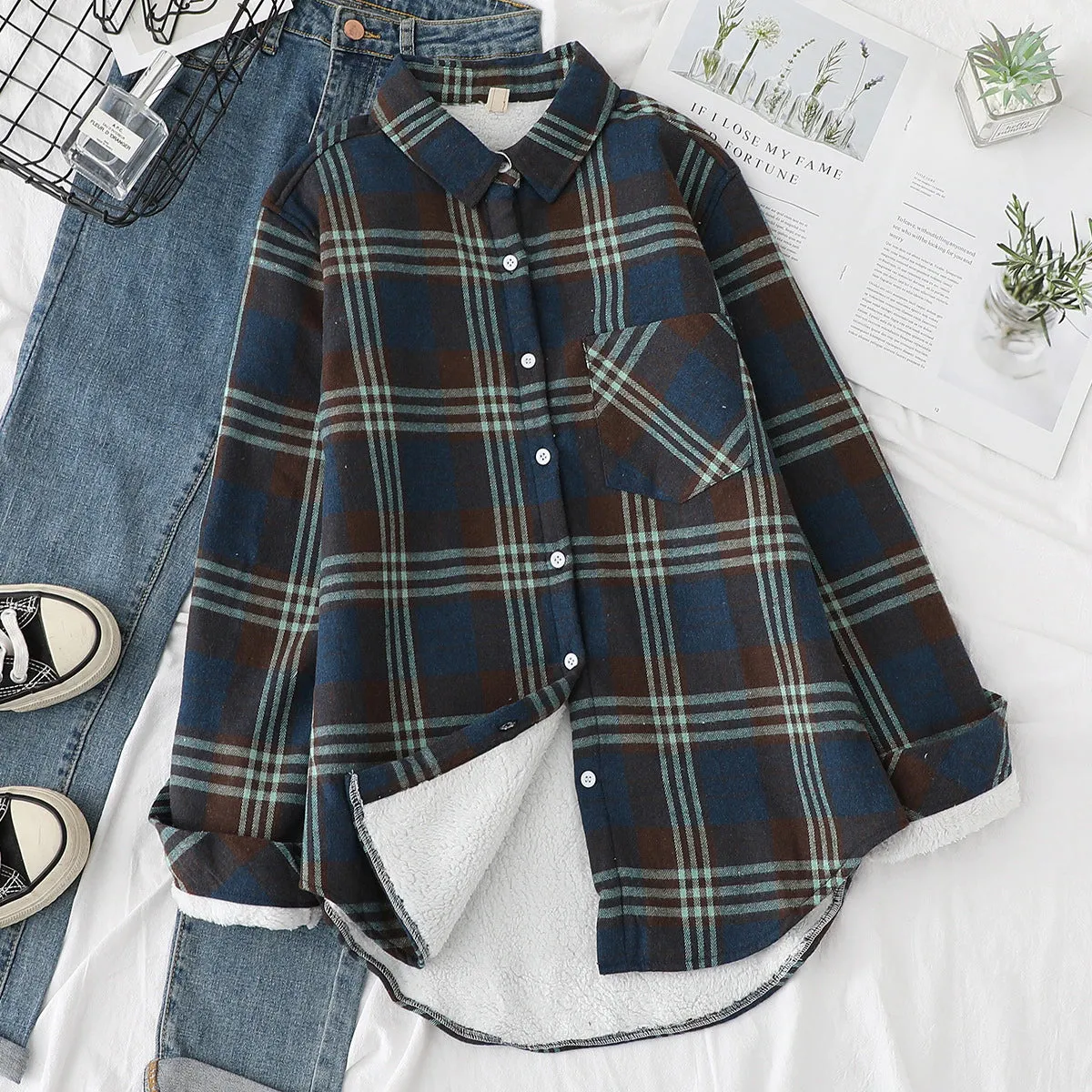 Vintage Plaid Velvet Fleece Loose Shirt
