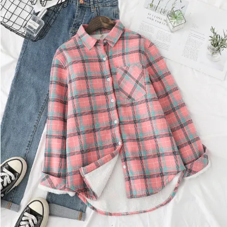 Vintage Plaid Velvet Fleece Loose Shirt