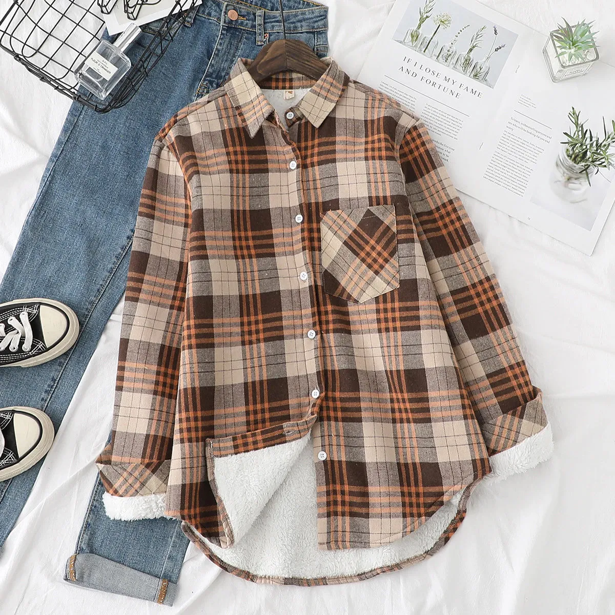 Vintage Plaid Velvet Fleece Loose Shirt