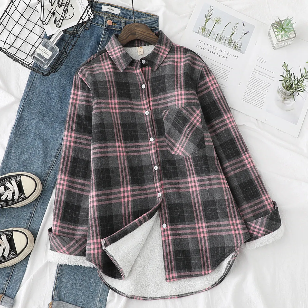 Vintage Plaid Velvet Fleece Loose Shirt