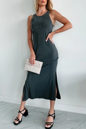 Chances Are Ribbed Tank Midi Dress (Charcoal) Bust-Enhancing Fit Choice