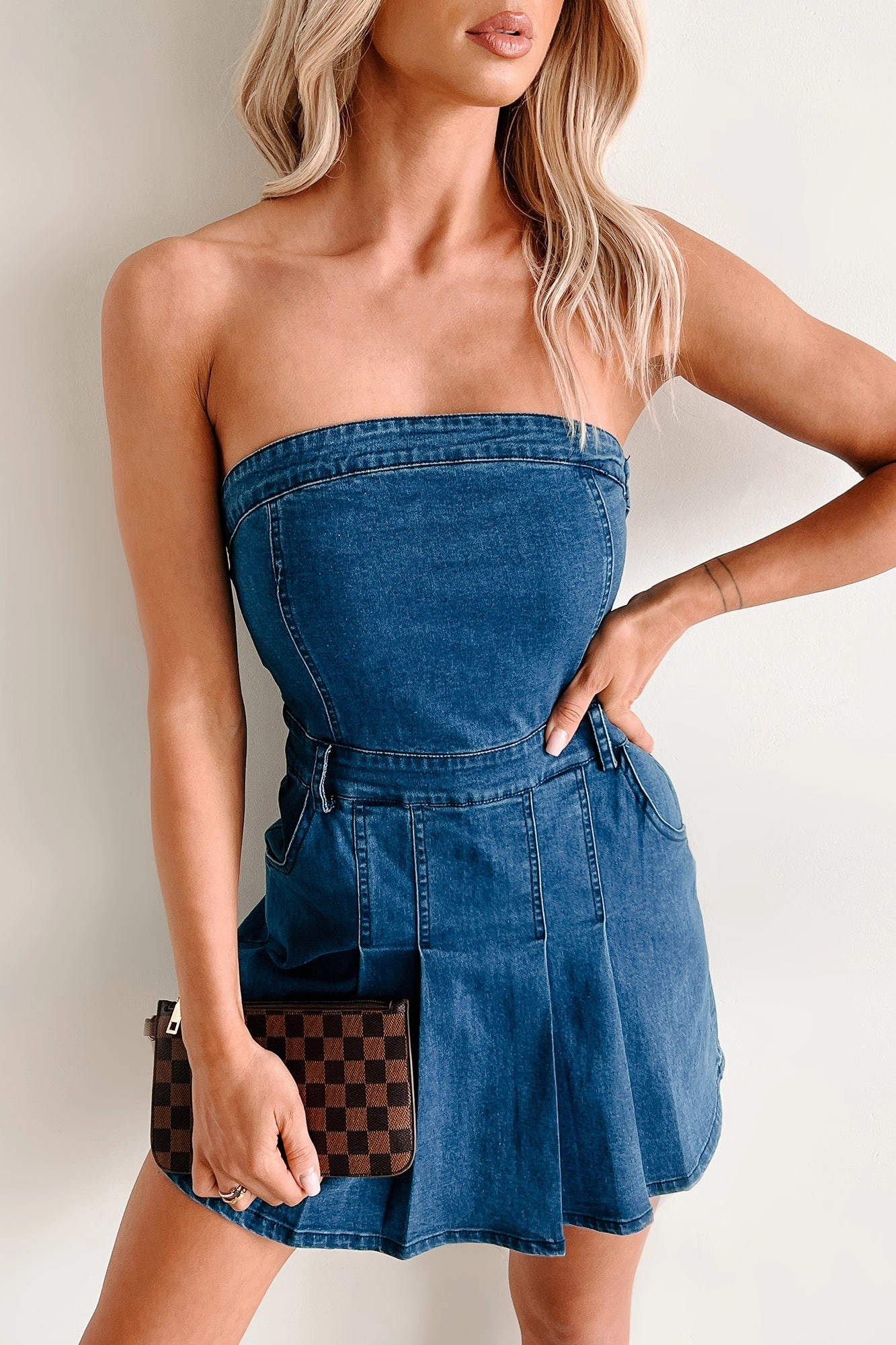 Vivid Dreams Shorts Lined Denim Mini Dress (Medium Dark) Multi Panel Design VentedBack