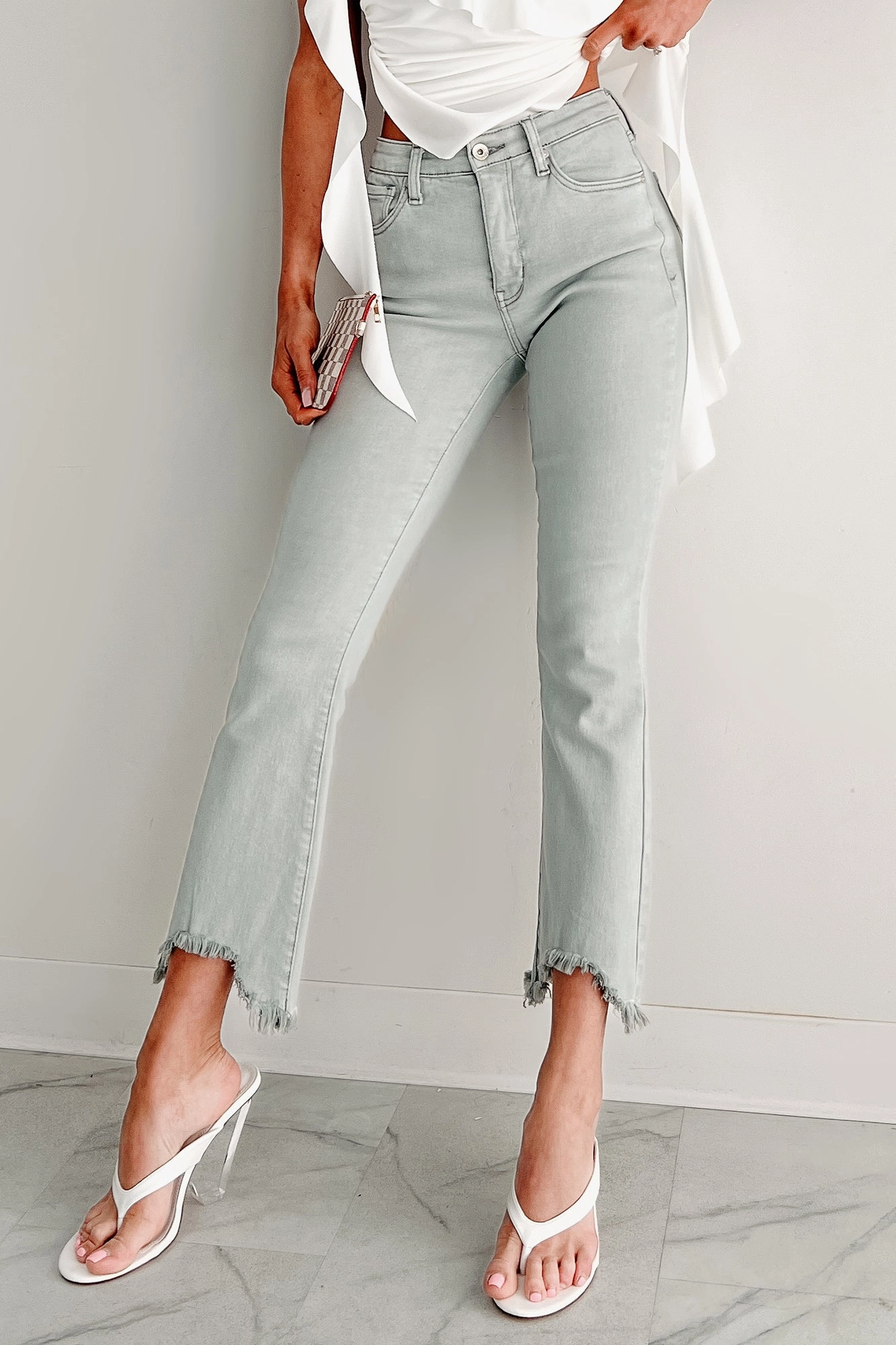Contoured Panel Design Shape Flex Tulsa Mid Rise Tummy Control Special A Kick Flare Jeans (Light Grey)