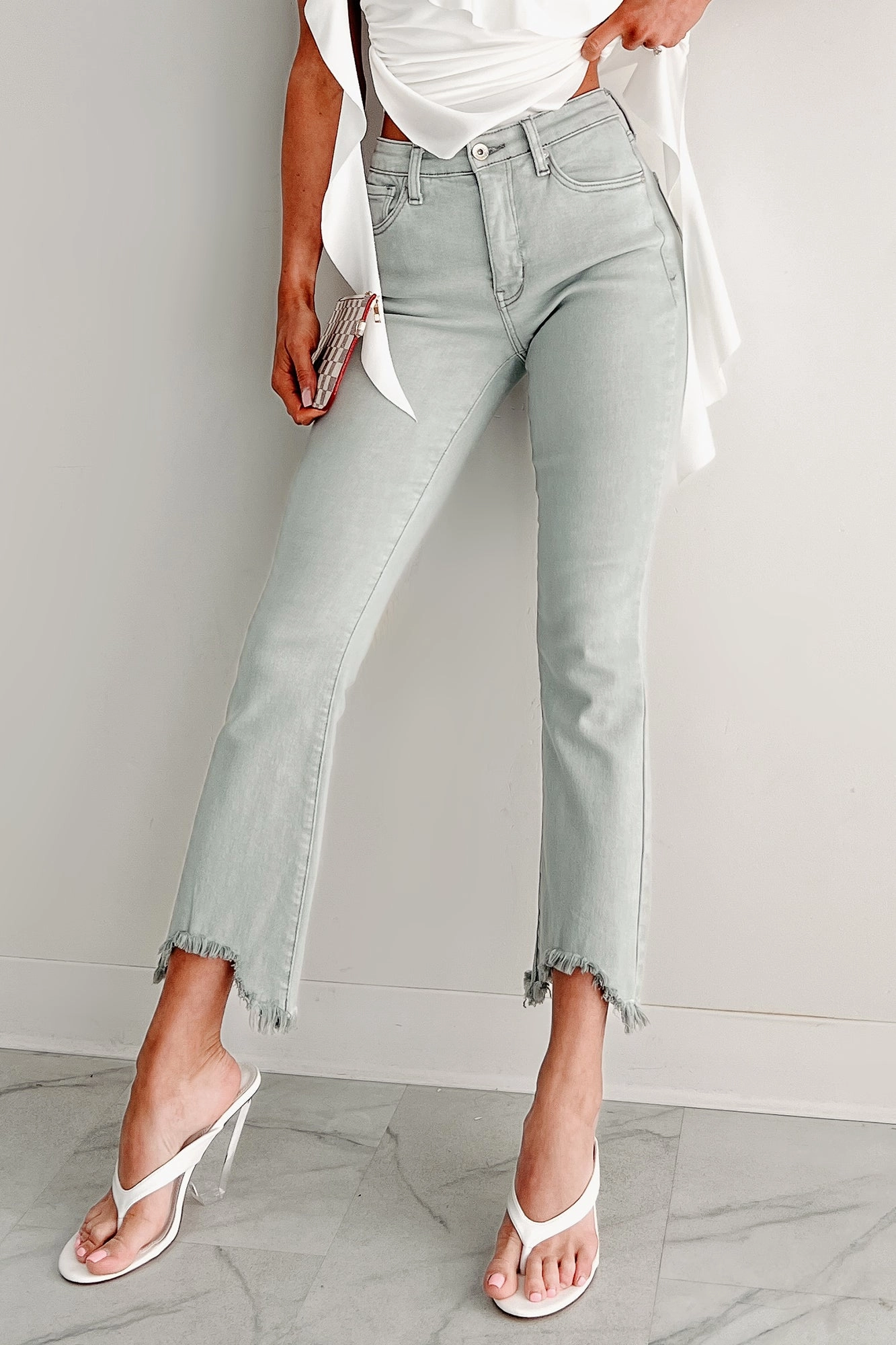 Perfectly Fit Tulsa Mid Rise Tummy Control Special A Kick Flare Jeans (Light Grey)