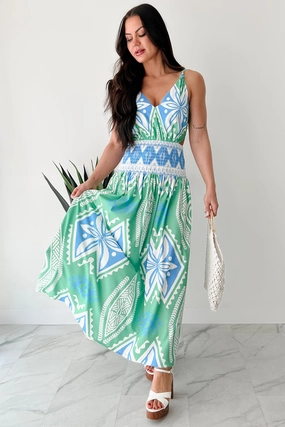 Sculpted Fit Walking Tall Tropical Print Maxi Dress (Green/Multi)