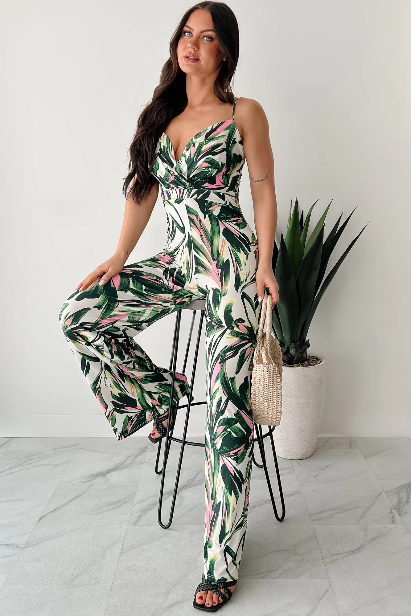 Tiered-Skirt Cool Draping Walking With Fire Printed Surplice Jumpsuit (Multi)