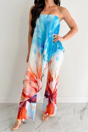 Sweet Mood Easy Drape Wander Wildly Strapless Flowy Jumpsuit (Blue/Multi)