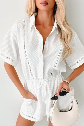 No Surprises Drawstring Waist Romper (White) Effortless Style