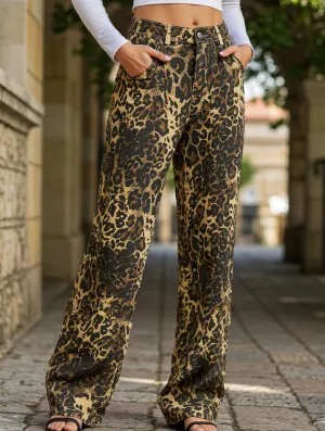 Washed leopard print denim straight-leg trousers Stretch Movement