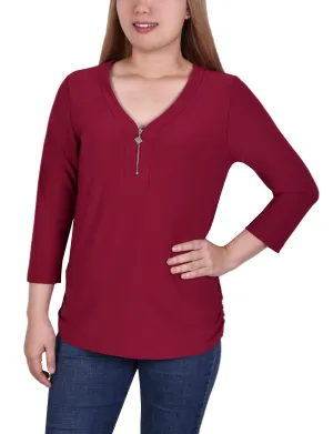 ContouredPanels Plus Size Long Sleeve Crepe Knit V Neck Top With Zipper