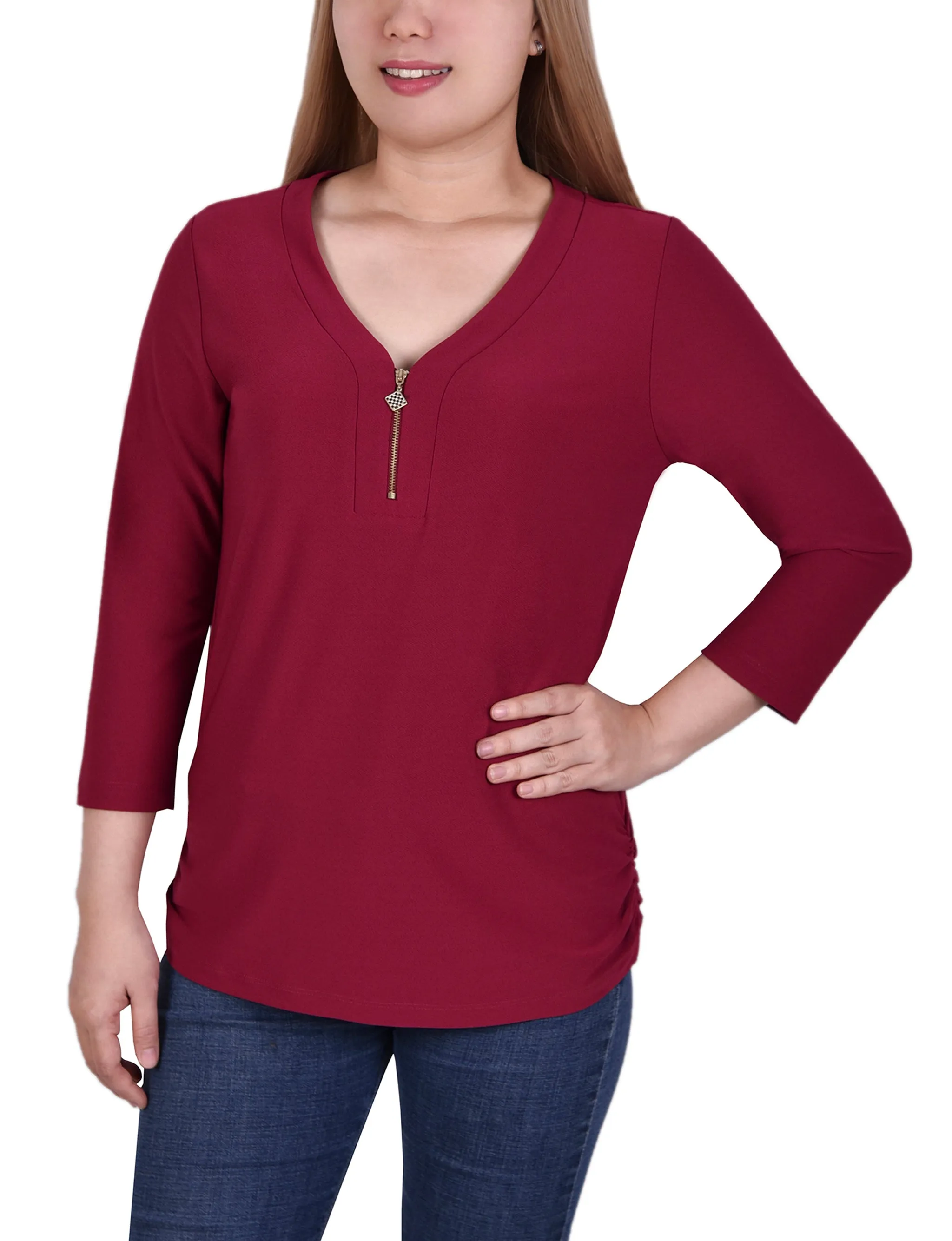 ContouredPanels Plus Size Long Sleeve Crepe Knit V Neck Top With Zipper