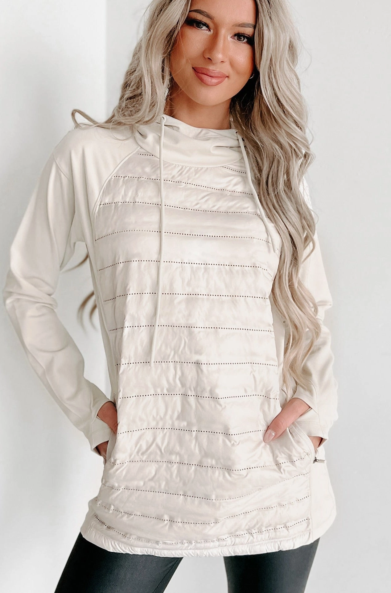 Linen Blend Fabric Active Lifestyle Padded Front Hoodie (Ivory)