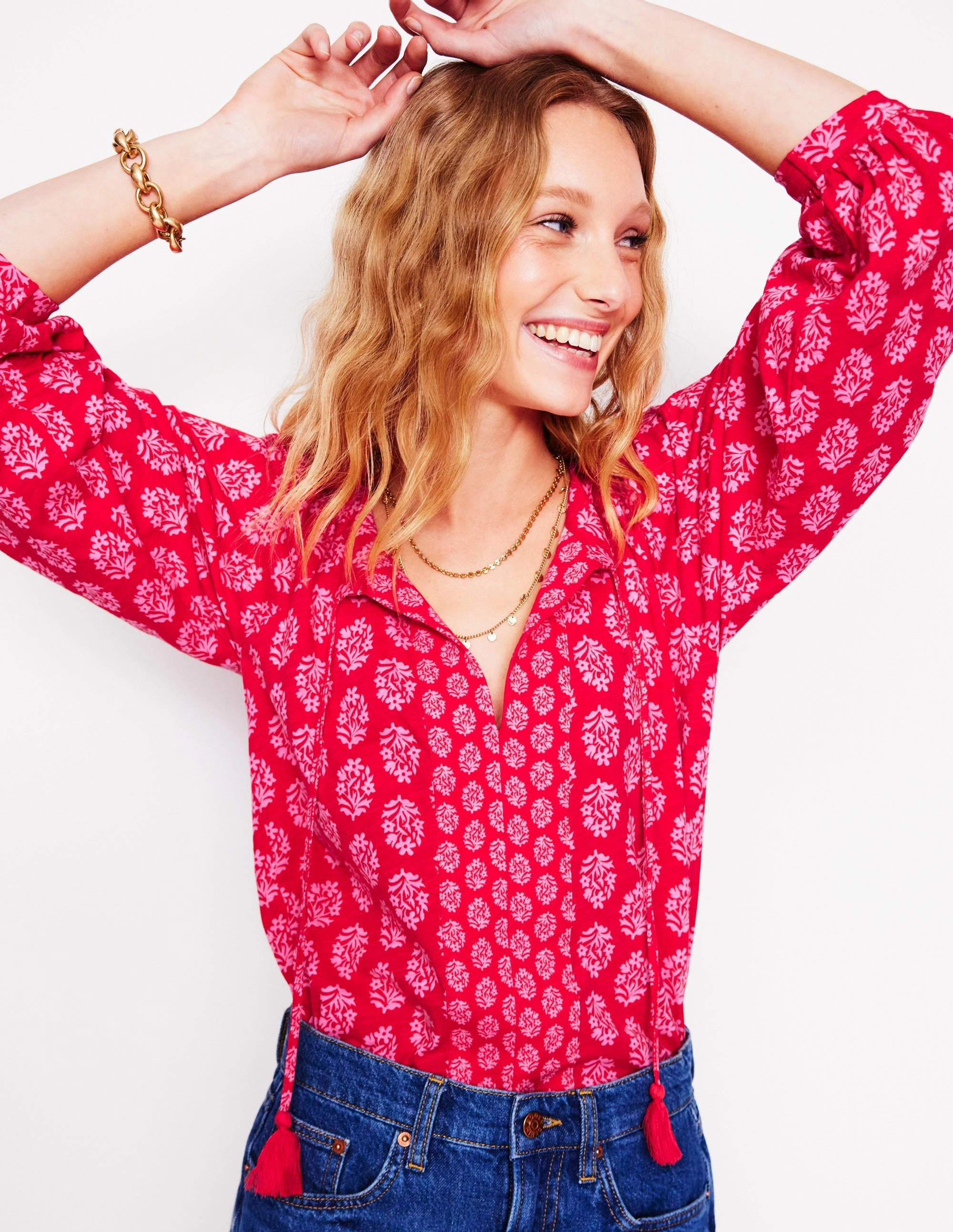 Blouson Sleeve Raglan Top-Posy Stamp LowImpact Manufacturing V-neck Blouse