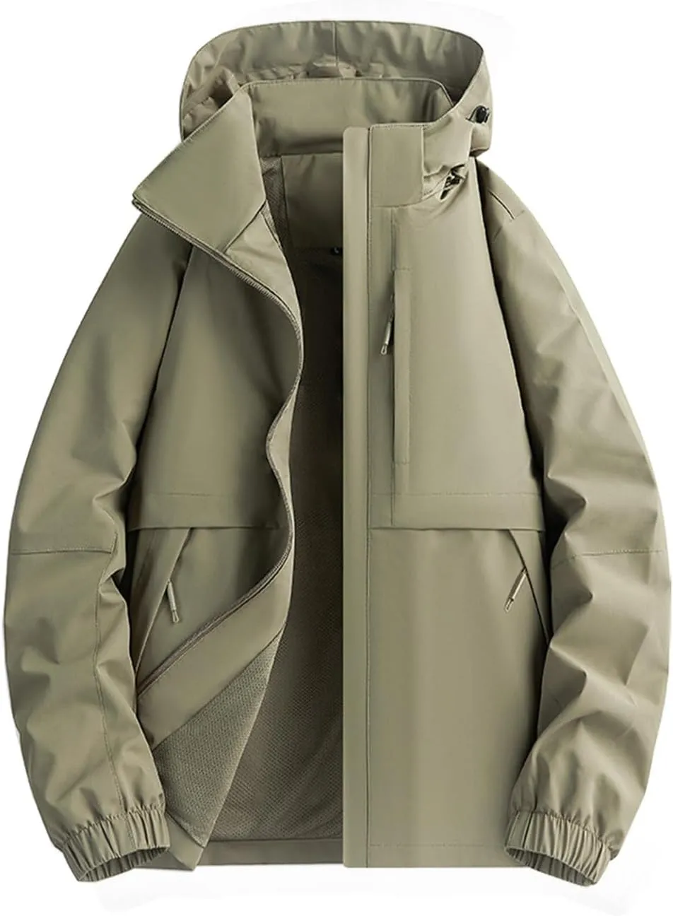 Waterproof Rain Jacket For Men Lightweight Patchwork Raincoat Hooded Hiking Jacket Oversized Softshell Windbreaker
