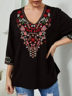Wool Sweater COTTON LOOSE DEEP V EMBROIDERED TOP_CWTBLL0818