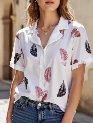 Suit Collar Feather Detail Shirt ??Short Sleeve Loose Fit, S???XL WaterResistant