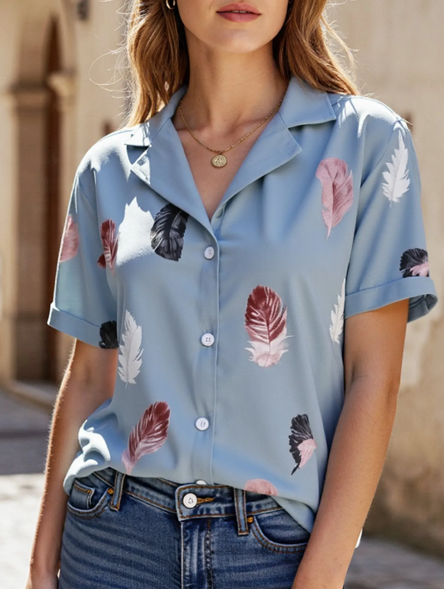 OdorResistantFinish Suit Collar Feather Detail Shirt ??Short Sleeve Loose Fit, S???XL