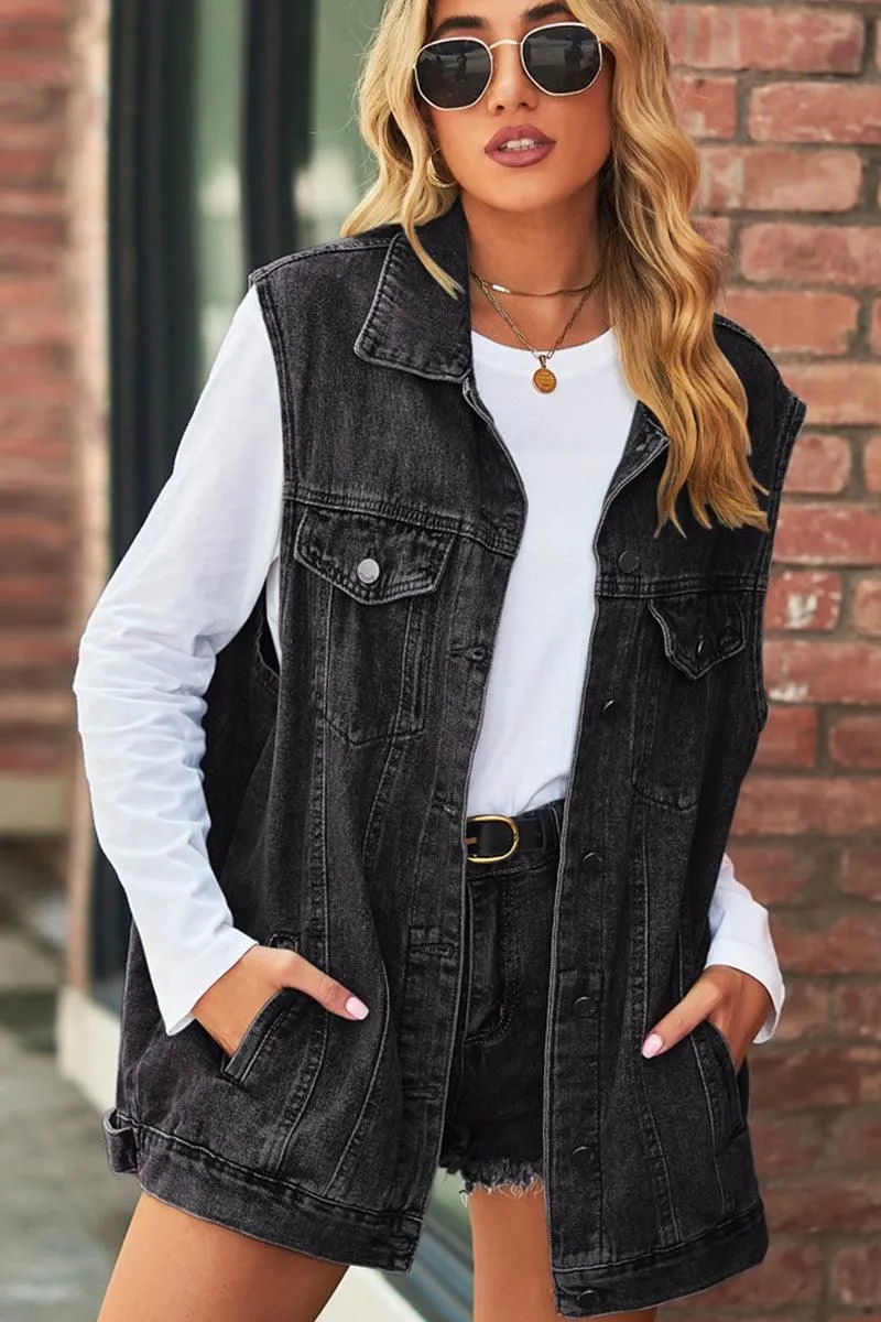 VINTAGE BUTTON UP POCKET COLLAR DENIM VEST ribbed texture Chic Look