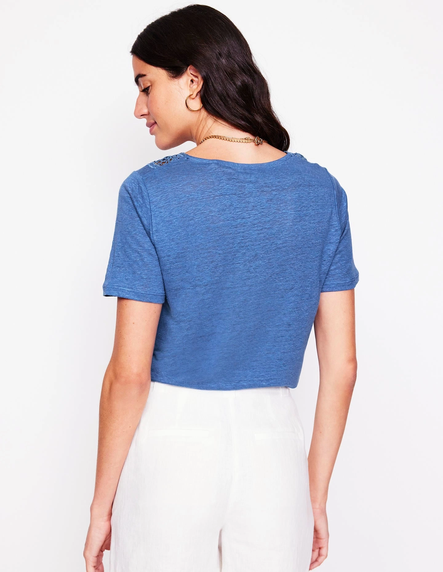 RelaxedSilhouette HiddenZipper Lace Trim Linen T-shirt-Blue River