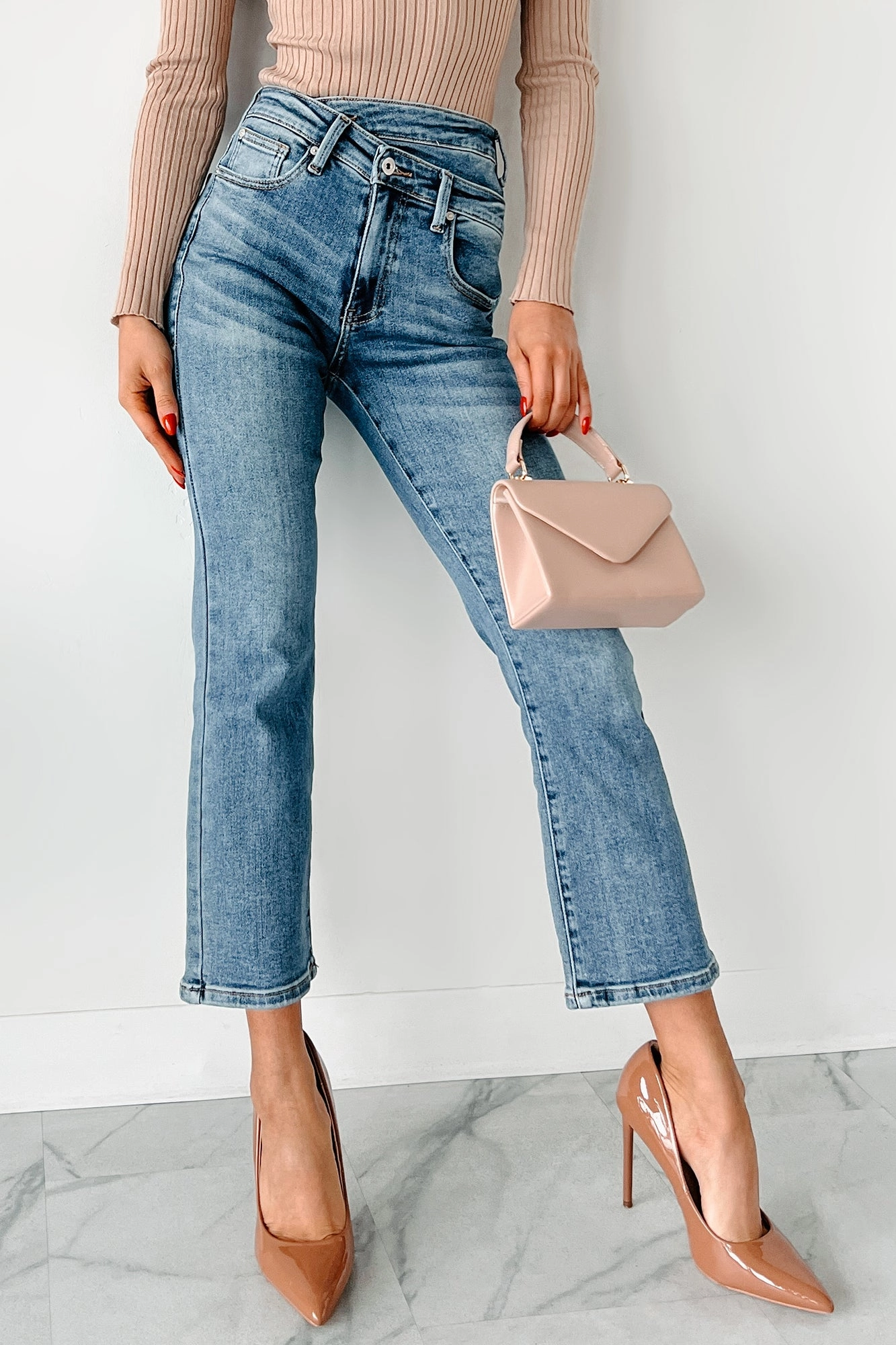 Tapered Cut Novie High Rise Cross-Over Waist Special A Jeans (Medium Light)