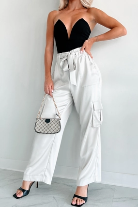 Roll-up style Comfy Essentials Wear DOORBUSTER Happy Hour Hangs Satin Cargo Pants (Light Grey)