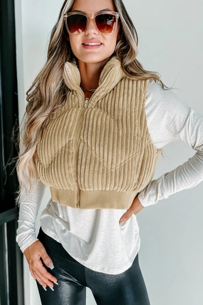 Bonded Seam Construction Way Up North Ribbed Puffer Vest (Tan)