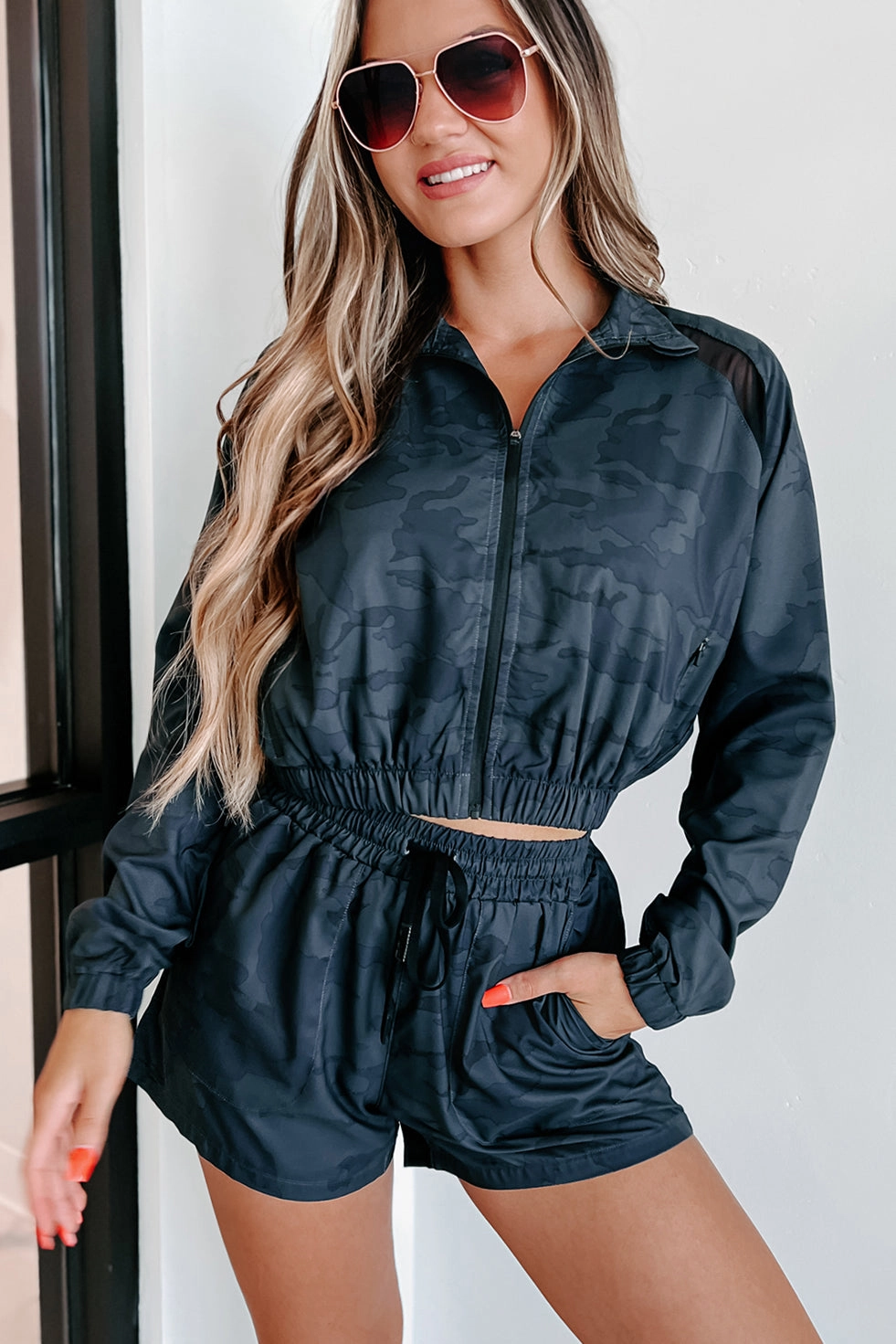 Surviving & Thriving Camo Cropped Zip-Up Jacket (Dark Ocean) Versatile Design