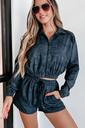 Surviving & Thriving Camo Cropped Zip-Up Jacket (Dark Ocean) Versatile Design