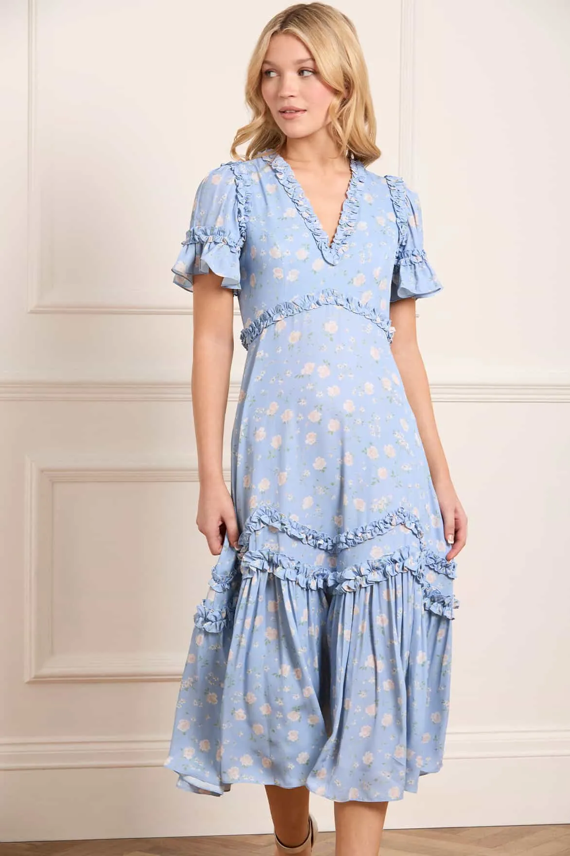 Rose Ditsy Satin V-Neck Ballerina Dress Back Detail