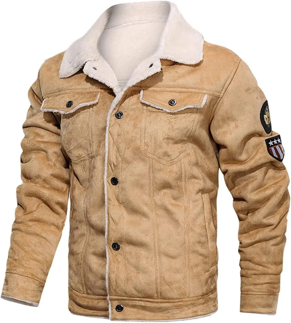 WEAR&ONE'S Men's Bronze Biker Genuine Suede Sherpa Shearling Faux Fur Lined Bomber Motorcycle Rider Real Leather Jacket