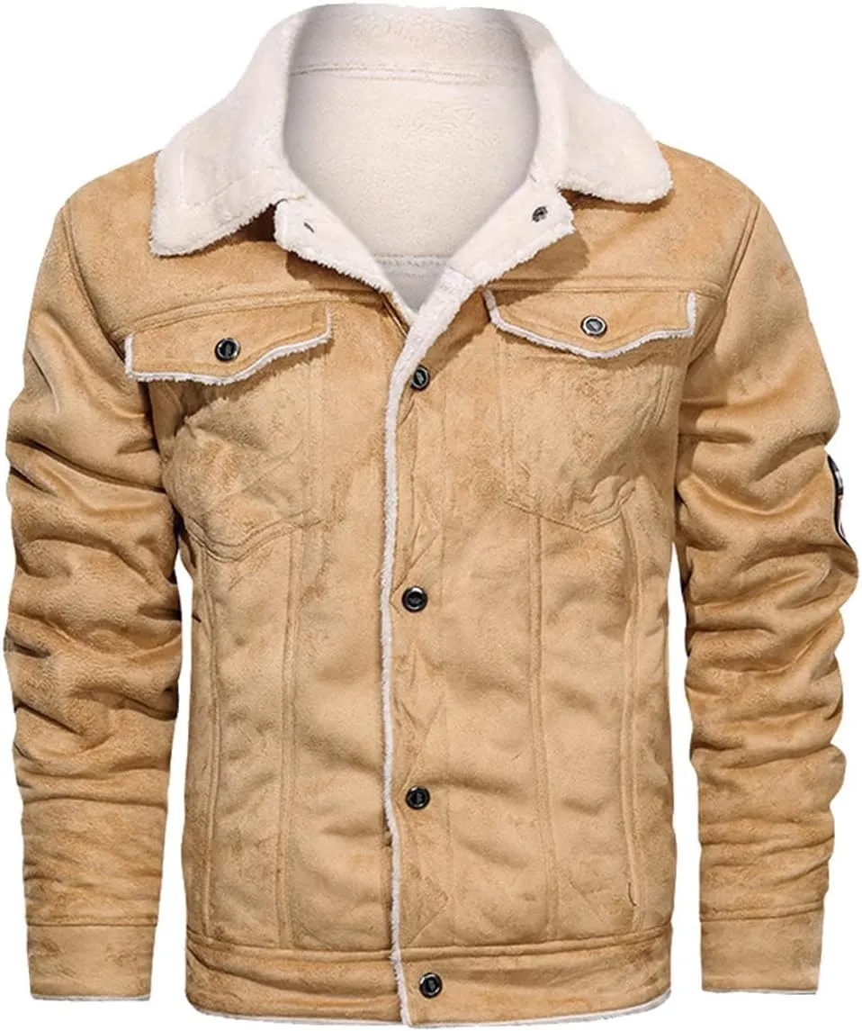 WEAR&ONE'S Men's Bronze Biker Genuine Suede Sherpa Shearling Faux Fur Lined Bomber Motorcycle Rider Real Leather Jacket