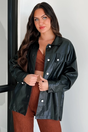 Noise Free Zipper Baddie Alert Faux Leather Shacket (Black)