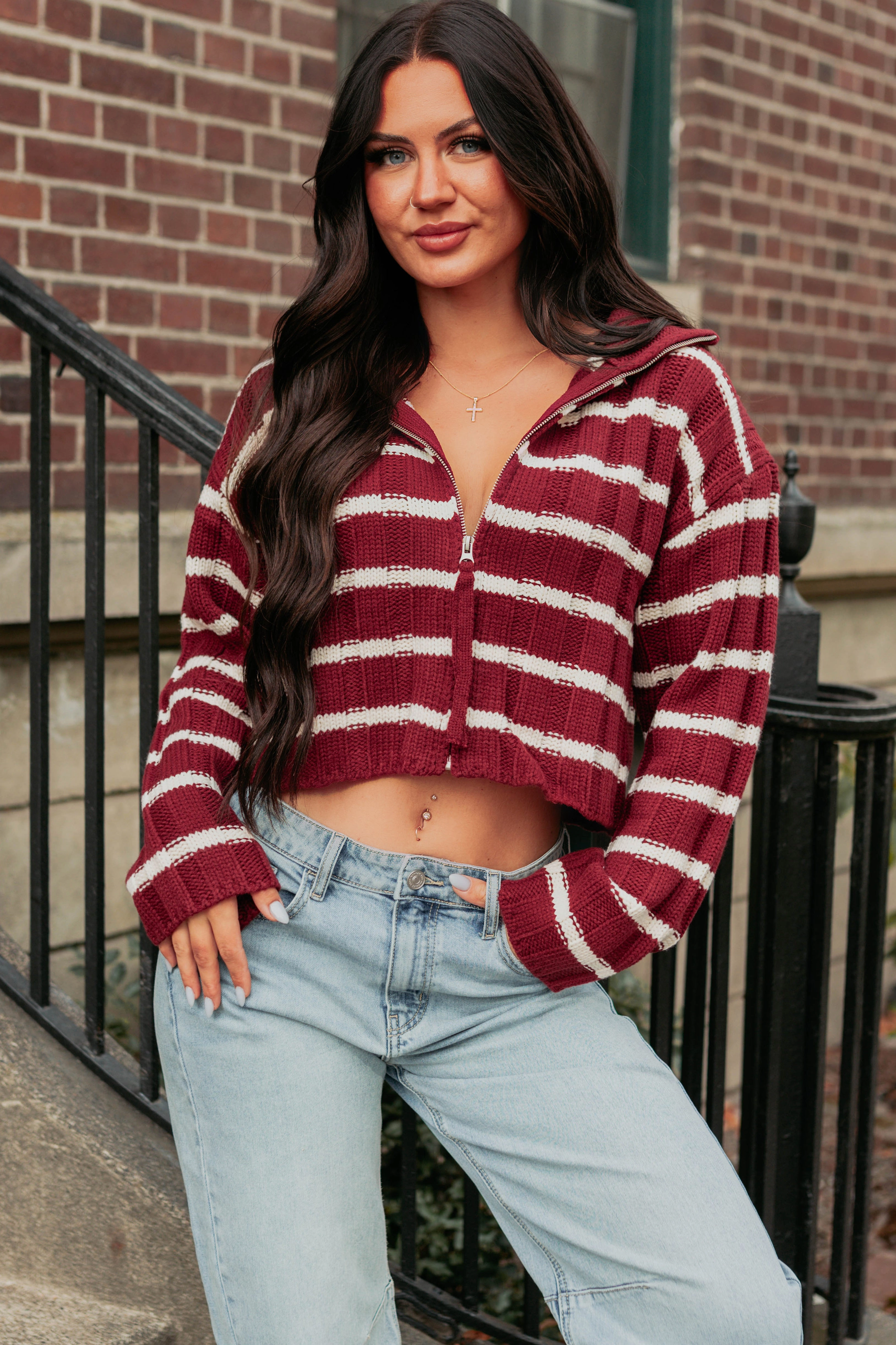 Fashion Protection Tailored Silhouette Calm Assurance Striped Zip-Up Sweater Jacket (Wine)