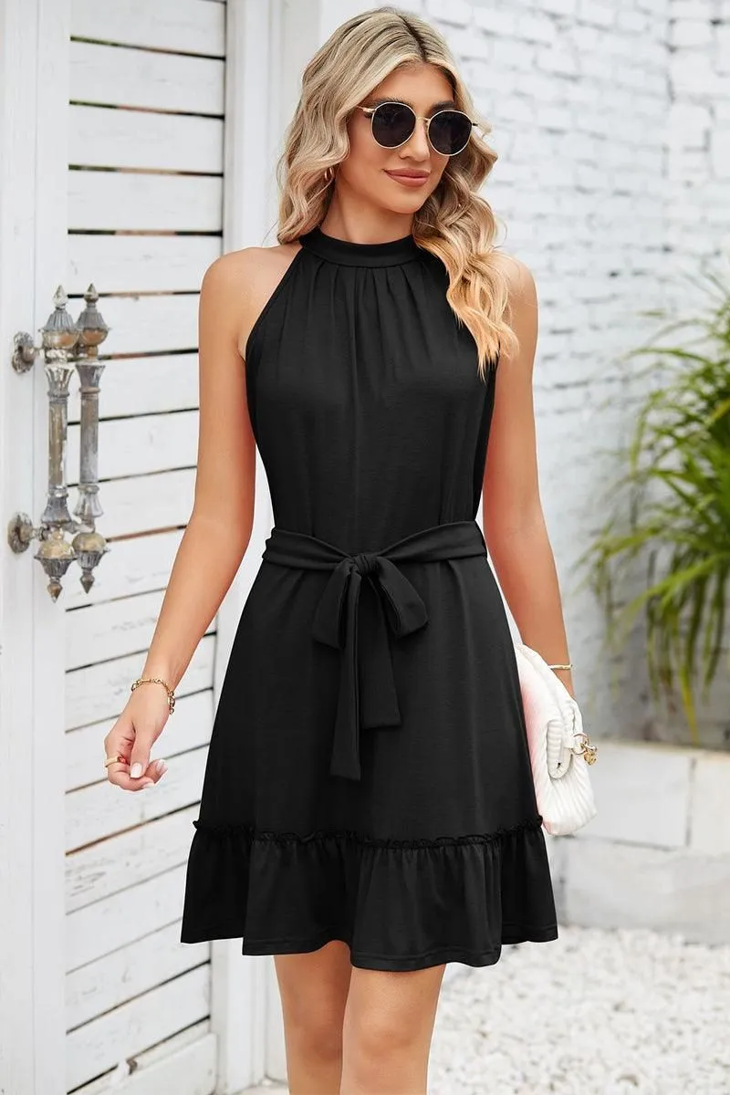 SOLID COLOR RUFFLED HALTER DRESS ruffle trim