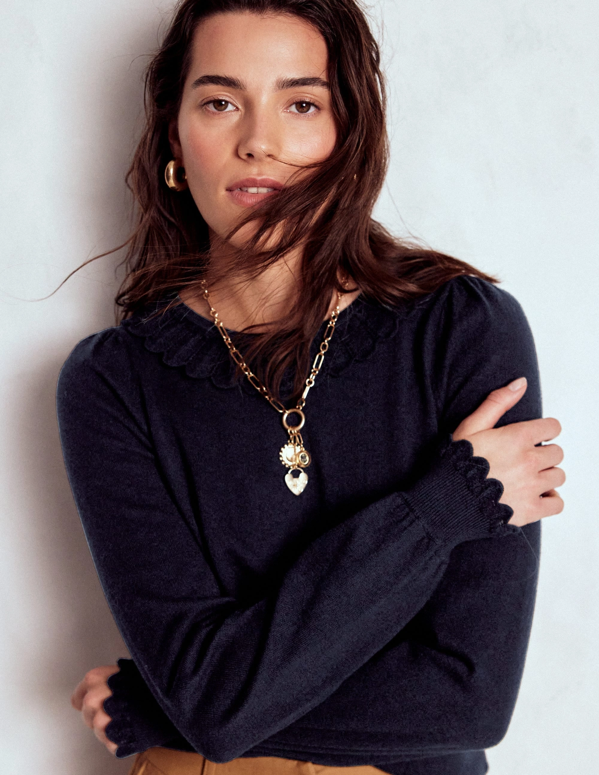 Heat Retention Lining Melina Cotton Ruffle Jumper-Navy