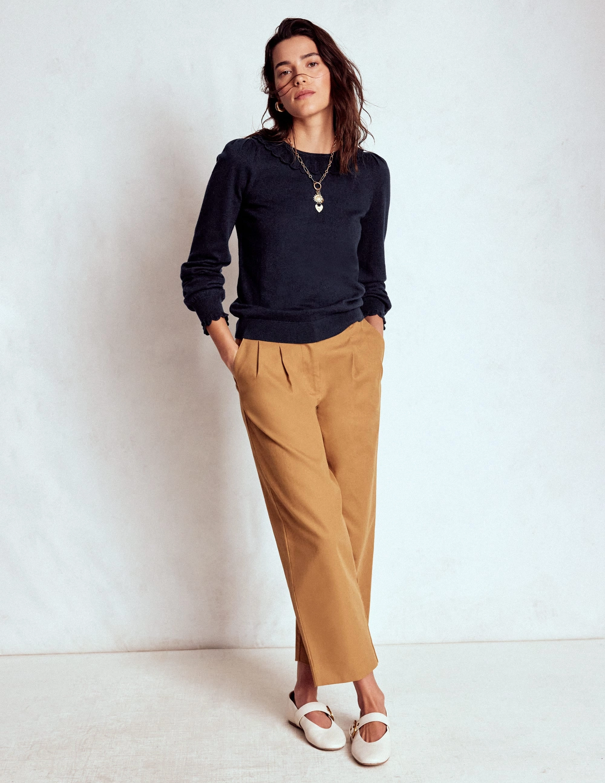 Functional Drape Melina Cotton Ruffle Jumper-Navy