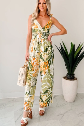 Flirt With Life Smocked Tropical Jumpsuit (Ivory/Green) Beauty Feel Polished Look