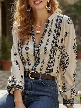 High Neckline Casual Printed Ruffle Collar Shirt