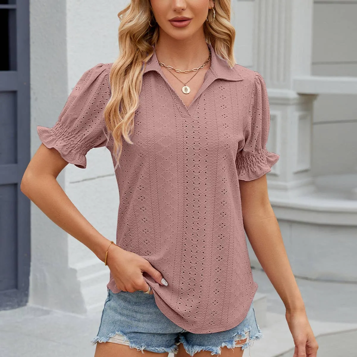 ClassicCrewNeck BreathableMeshPanels BREATHABLE POLO COLLAR SOLID SHORT SLEEVES TOP_CWTSTS0385
