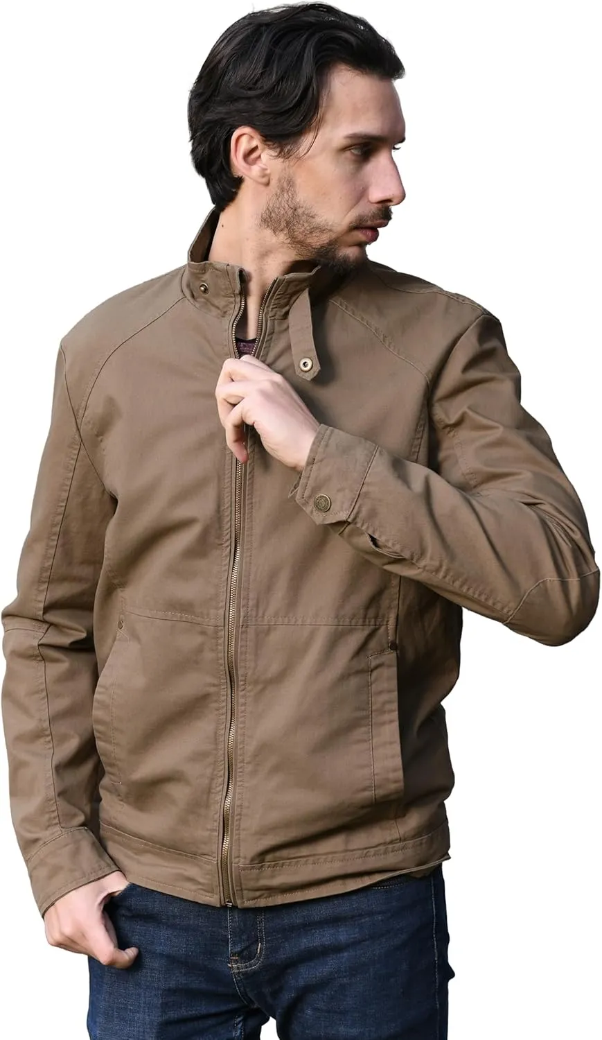 WenVen Men's Casual Canvas Cotton Military Jacket Lightweight Zip Up Outwear