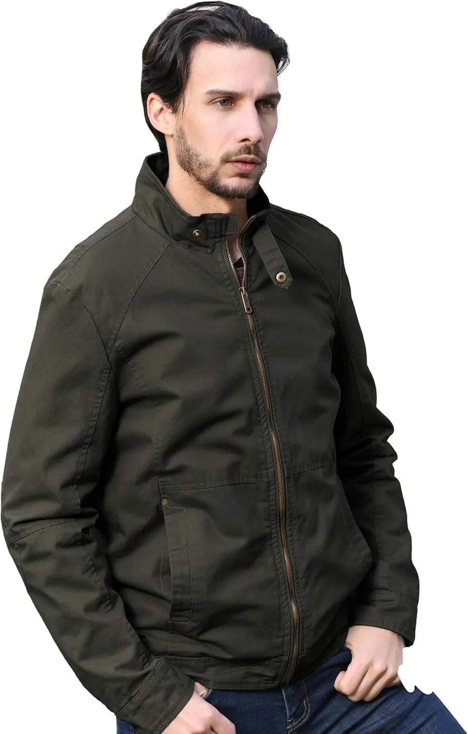 WenVen Men's Casual Canvas Cotton Military Jacket Lightweight Zip Up Outwear