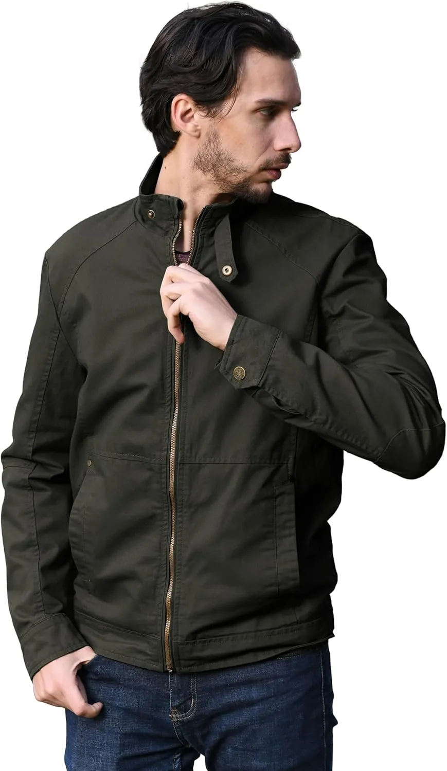 WenVen Men's Casual Canvas Cotton Military Jacket Lightweight Zip Up Outwear