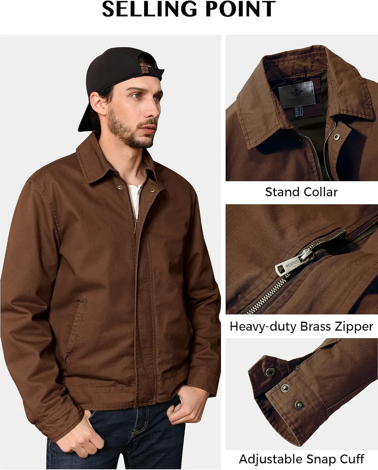WenVen Men's Lightweight Military Cotton Jacket Casual Spring Lapel Work Coat