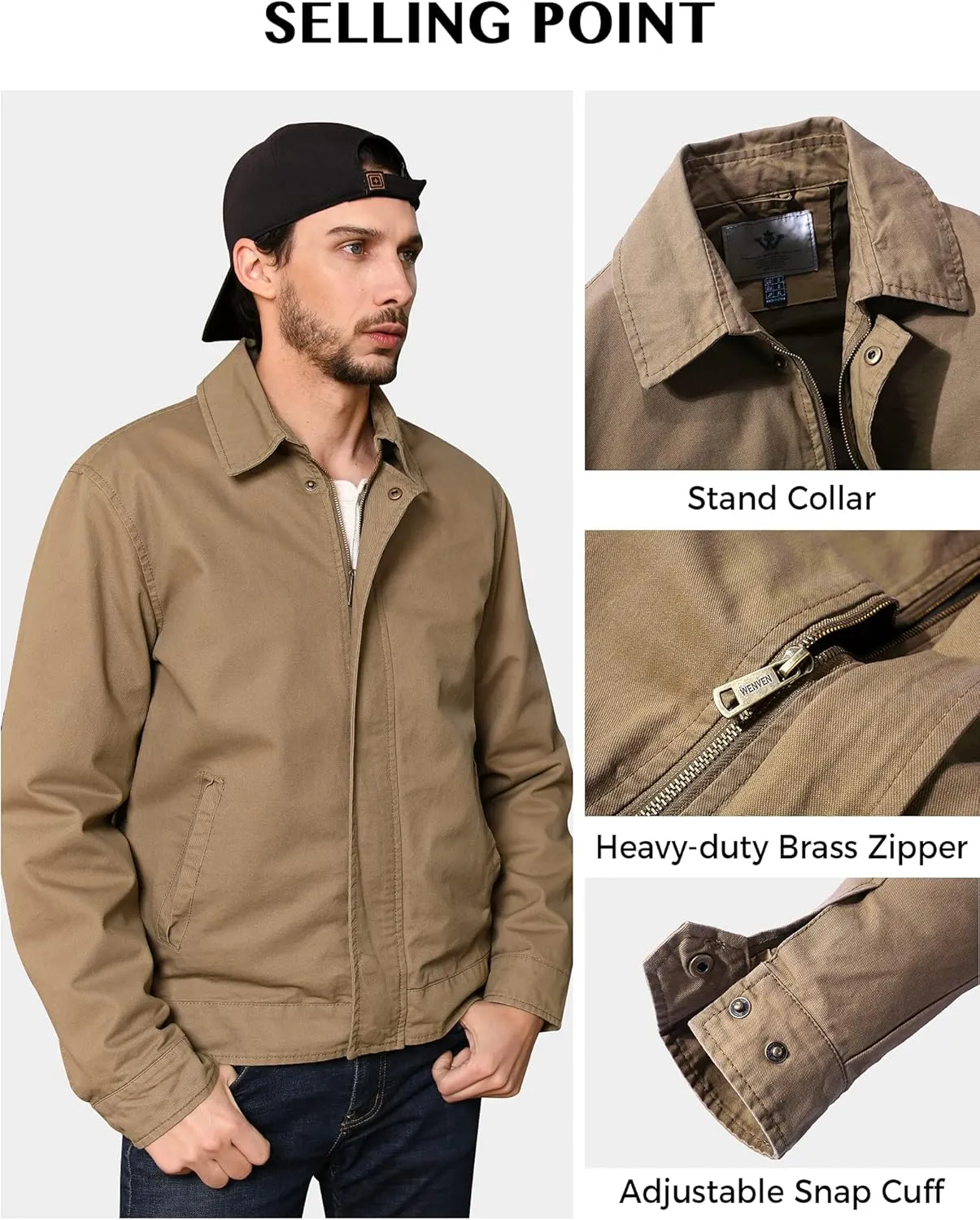 WenVen Men's Lightweight Military Cotton Jacket Casual Spring Lapel Work Coat