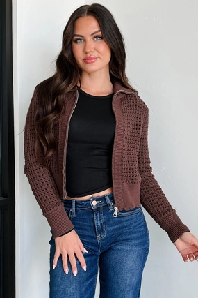 Whispered Words Zip-Up Sweater Jacket (Chocolate) Love