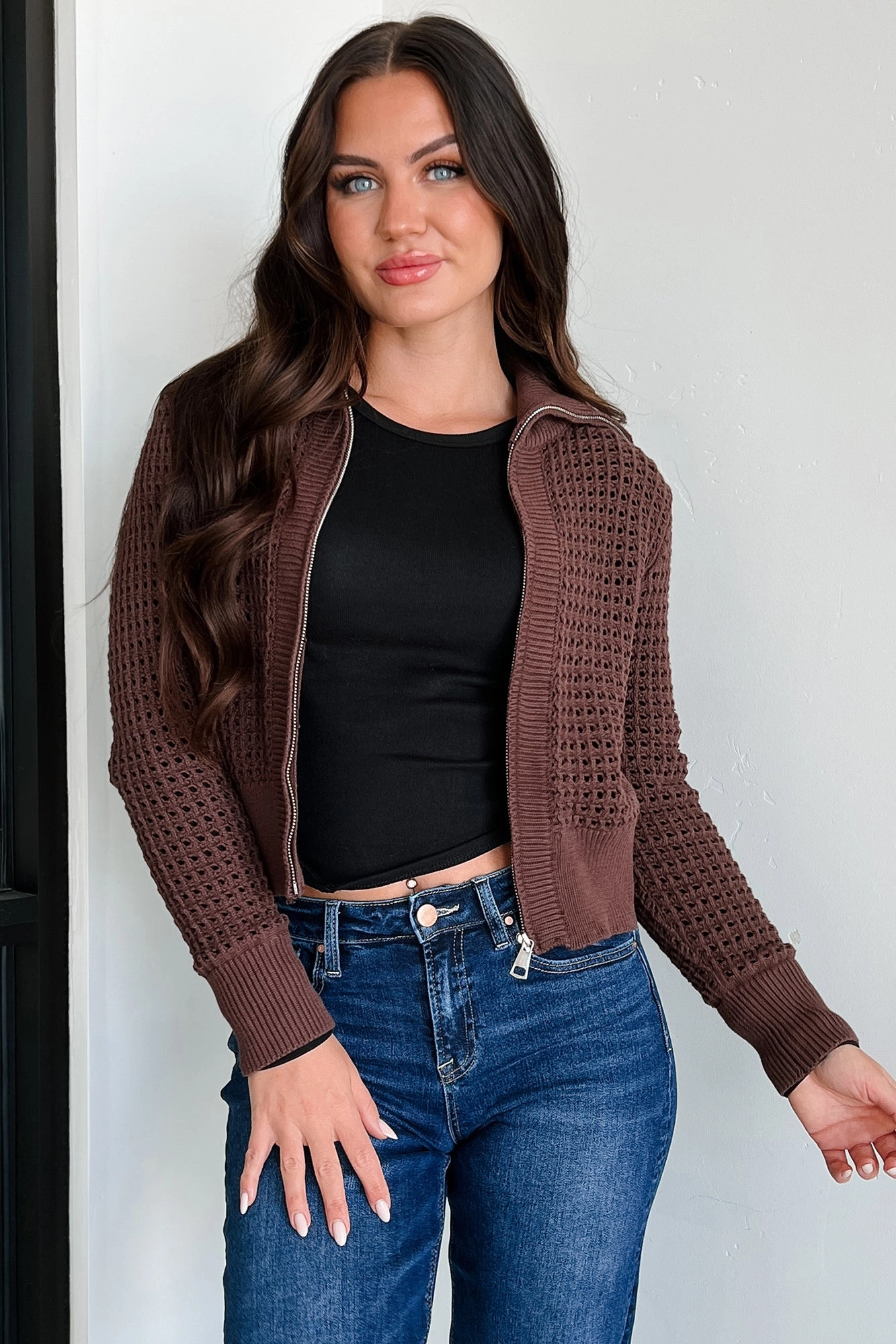 Weekend Ready Tights Whispered Words Zip-Up Sweater Jacket (Chocolate)