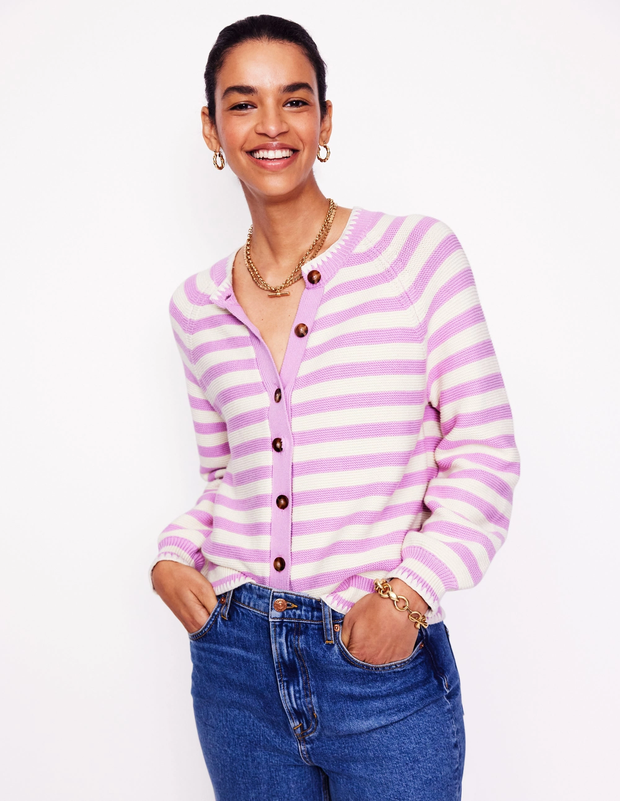 Lena Stitch Detail Cardigan-Soft Lavender and Ivory Stripe EcoFinish Waterproof Coating